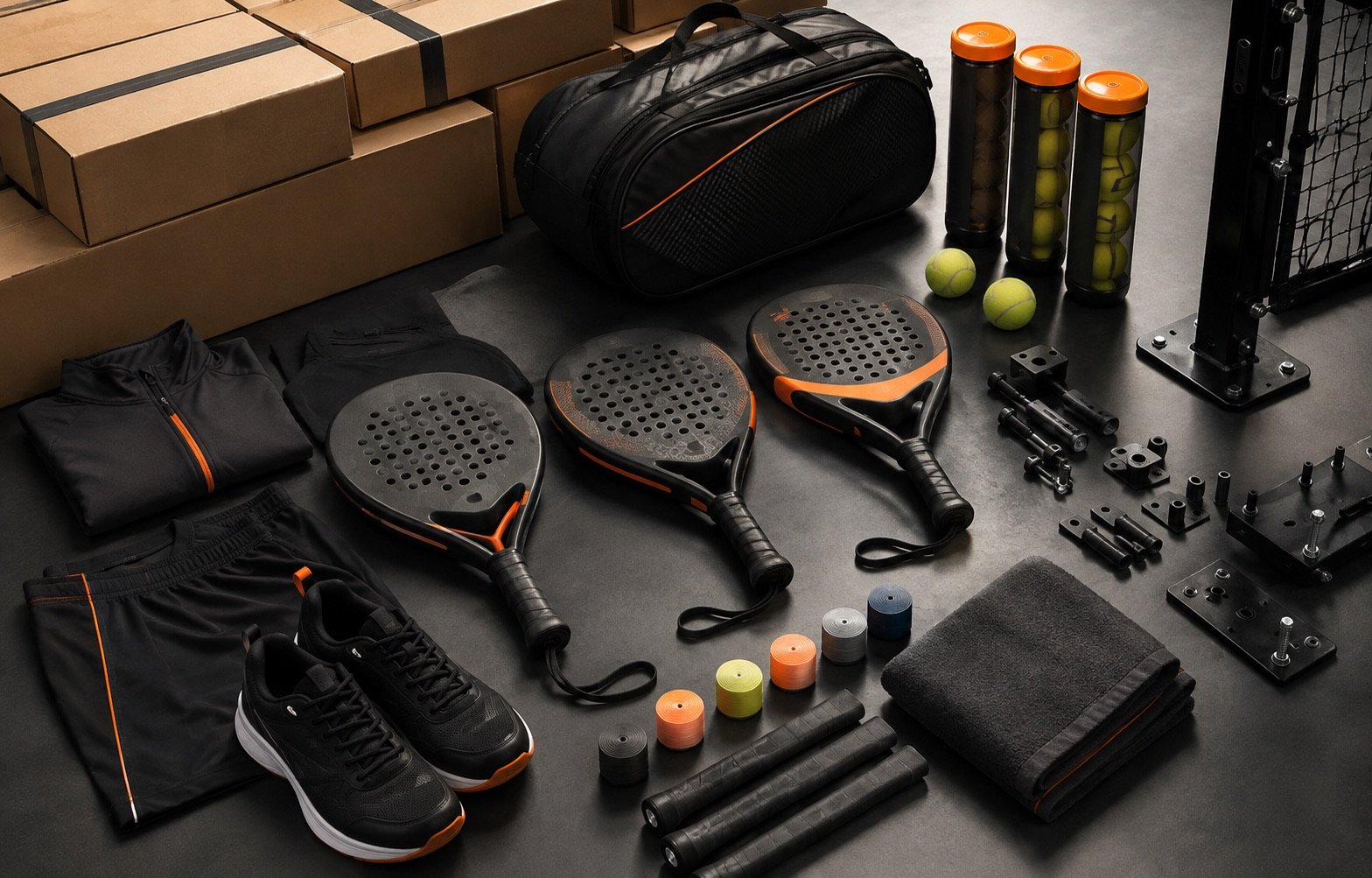 Susunan kategori perlengkapan padel seperti racket, ball, grip, bag, shoes, apparel, dan court parts
