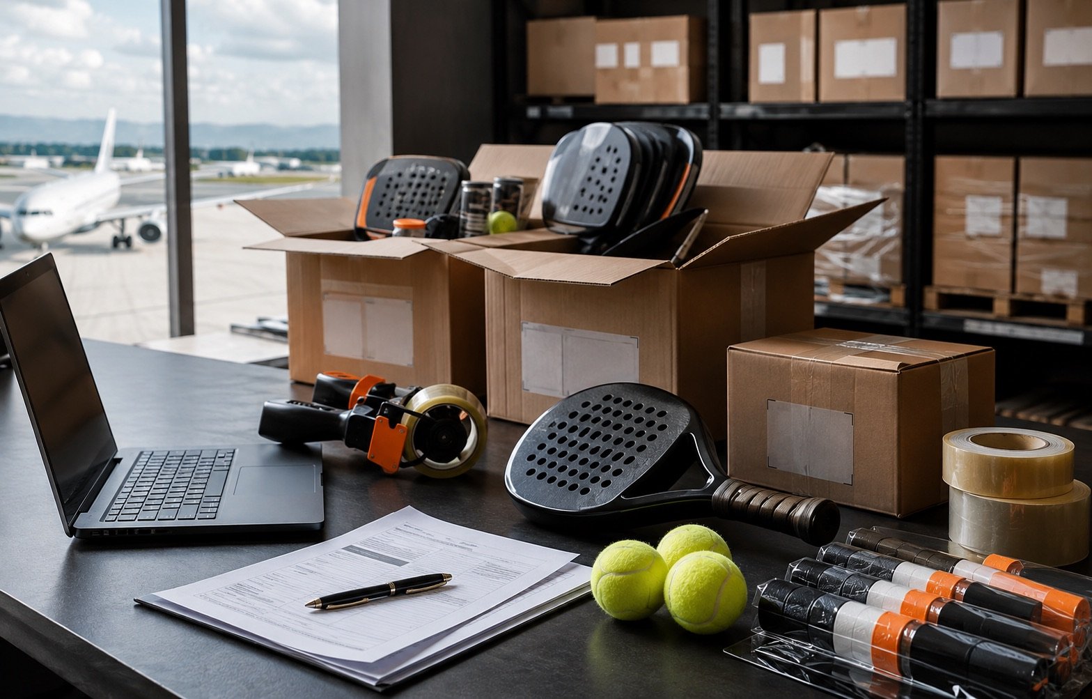Meja pengecekan import dengan perlengkapan padel, dokumen, dan karton pengiriman